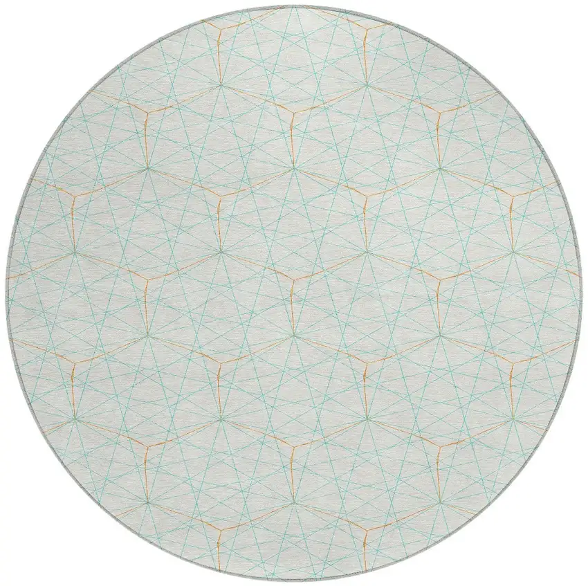 8' White Aqua And Copper Round Geometric Washable Indoor Outdoor Area Rug Photo 6