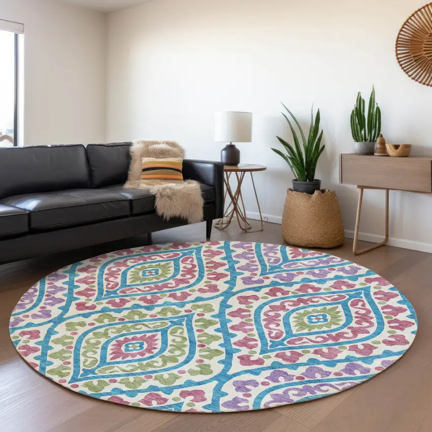 8' White Artichoke Green And Purple Round Floral Washable Indoor Outdoor Area Rug Photo 8