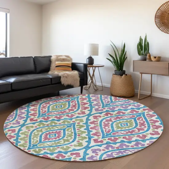 8' White Artichoke Green And Purple Round Floral Washable Indoor Outdoor Area Rug Photo 8