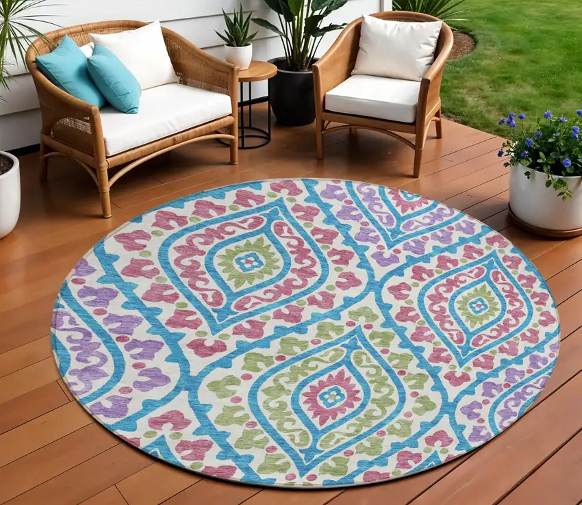 8' White Artichoke Green And Purple Round Floral Washable Indoor Outdoor Area Rug Photo 1