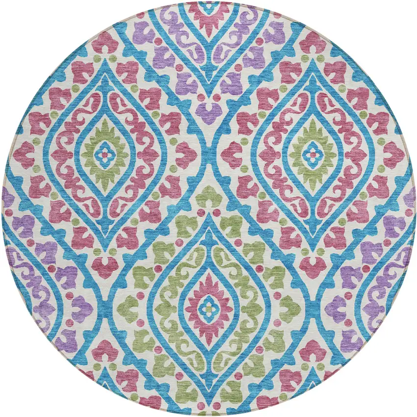 8' White Artichoke Green And Purple Round Floral Washable Indoor Outdoor Area Rug Photo 1