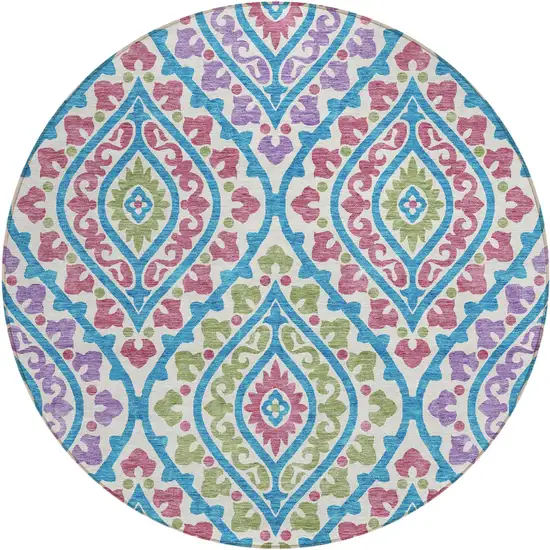 8' White Artichoke Green And Purple Round Floral Washable Indoor Outdoor Area Rug Photo 1