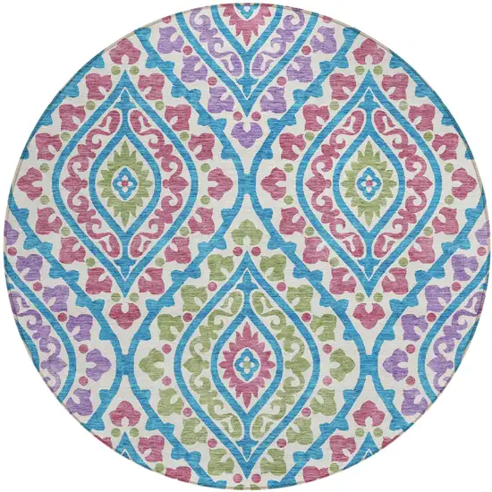 8' White Artichoke Green And Purple Round Floral Washable Indoor Outdoor Area Rug Photo 1