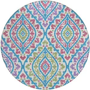 Photo of 8' White Artichoke Green And Purple Round Floral Washable Indoor Outdoor Area Rug