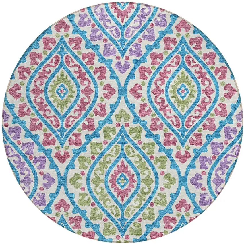 8' White Artichoke Green And Purple Round Floral Washable Indoor Outdoor Area Rug Photo 6