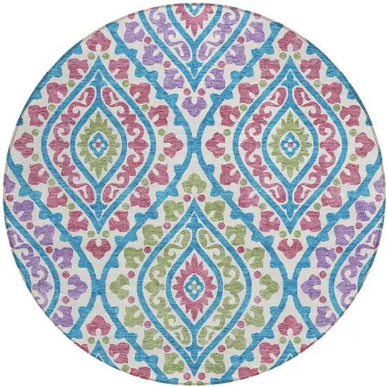 8' White Artichoke Green And Purple Round Floral Washable Indoor Outdoor Area Rug Photo 6