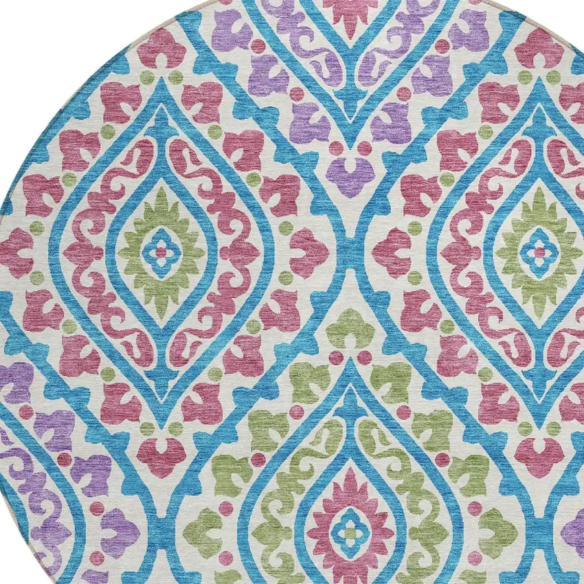 8' White Artichoke Green And Purple Round Floral Washable Indoor Outdoor Area Rug Photo 5