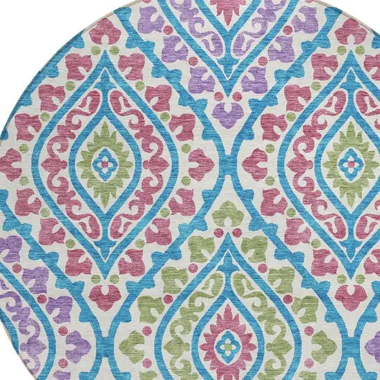 8' White Artichoke Green And Purple Round Floral Washable Indoor Outdoor Area Rug Photo 5