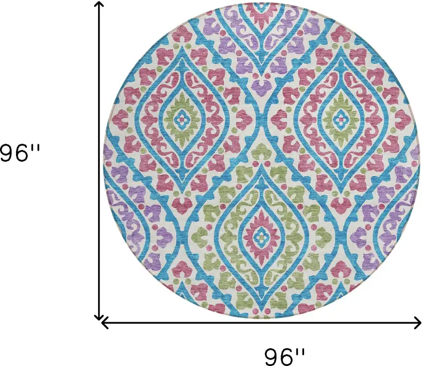 8' White Artichoke Green And Purple Round Floral Washable Indoor Outdoor Area Rug Photo 9