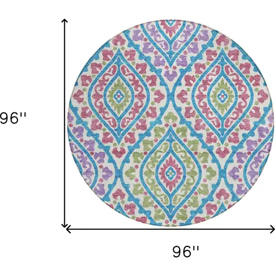 8' White Artichoke Green And Purple Round Floral Washable Indoor Outdoor Area Rug Photo 9