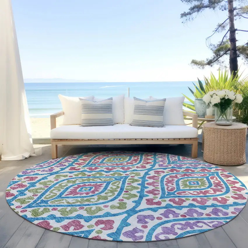 8' White Artichoke Green And Purple Round Floral Washable Indoor Outdoor Area Rug Photo 7