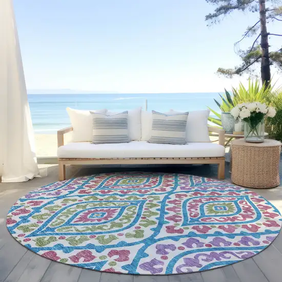 8' White Artichoke Green And Purple Round Floral Washable Indoor Outdoor Area Rug Photo 7