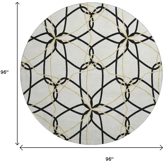 8' White Black And Gold Geometric Washable Round Rug With UV Protection Photo 9