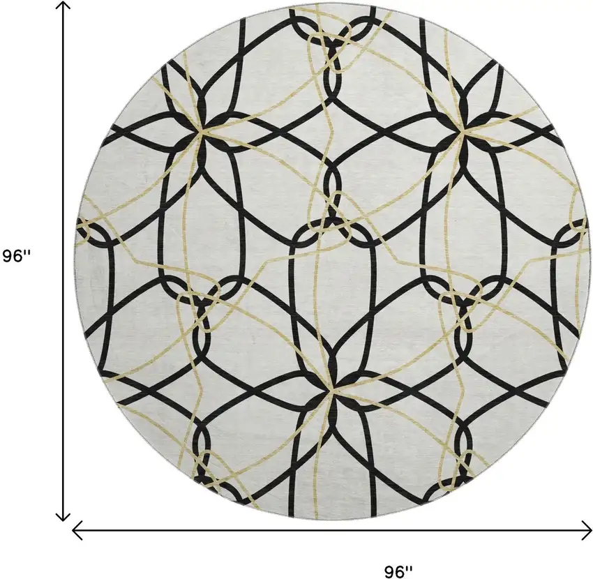 8' White Black And Gold Geometric Washable Round Rug With UV Protection Photo 9