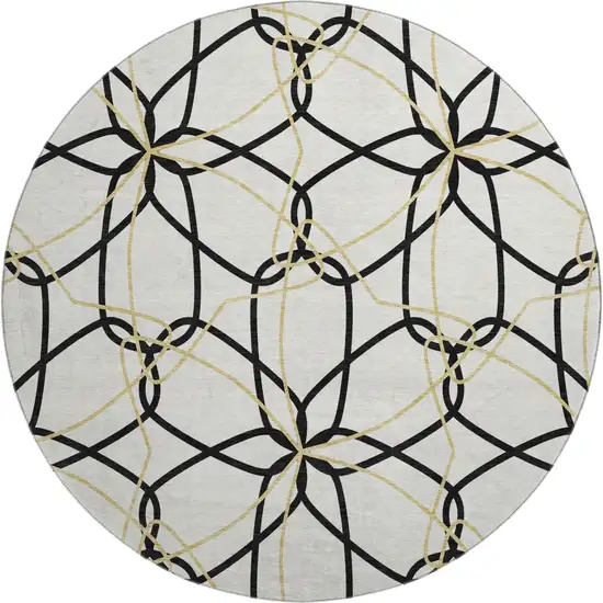 8' White Black And Gold Geometric Washable Round Rug With UV Protection Photo 1