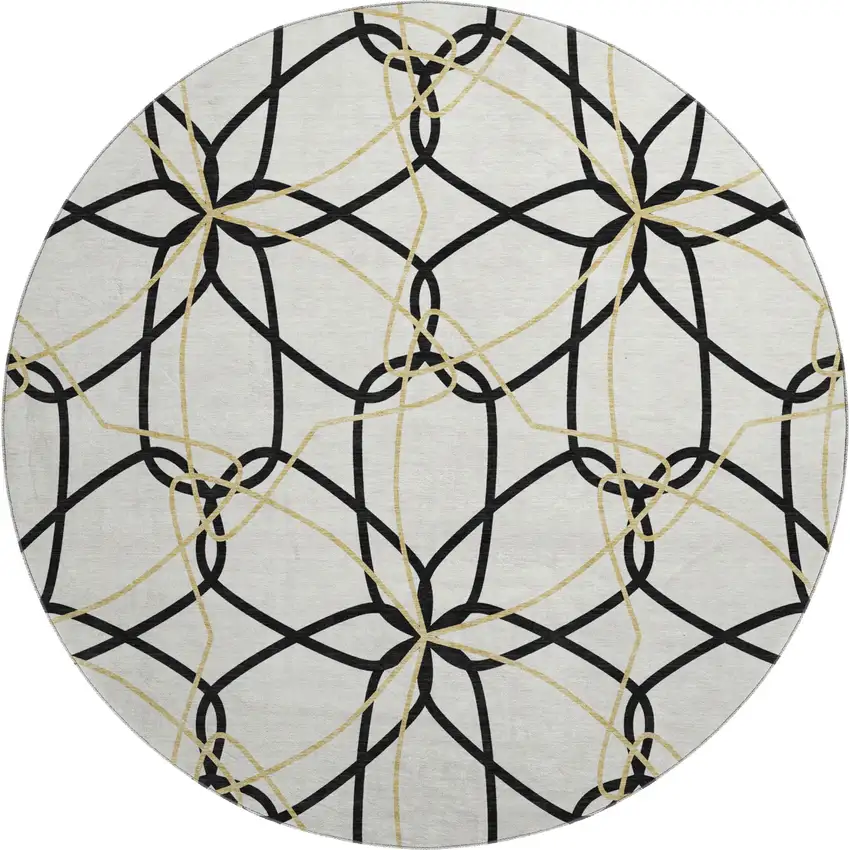 8' White Black And Gold Geometric Washable Round Rug With UV Protection Photo 1