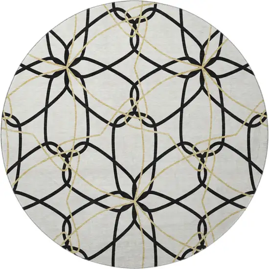 8' White Black And Gold Geometric Washable Round Rug With UV Protection Photo 3