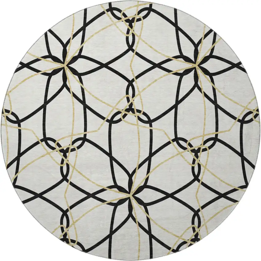 8' White Black And Gold Geometric Washable Round Rug With UV Protection Photo 3