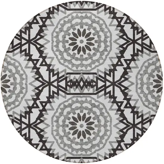8' White Black And Gray Round Floral Medallion Washable Indoor Outdoor Area Rug Photo 4