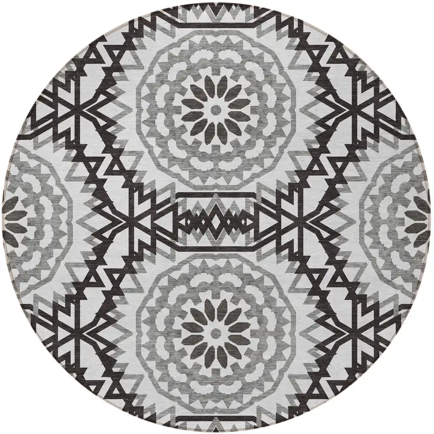 8' White Black And Gray Round Floral Medallion Washable Indoor Outdoor Area Rug Photo 4