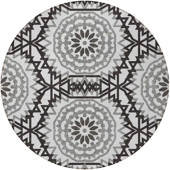 8' White Black And Gray Round Floral Medallion Washable Indoor Outdoor Area Rug Photo 4