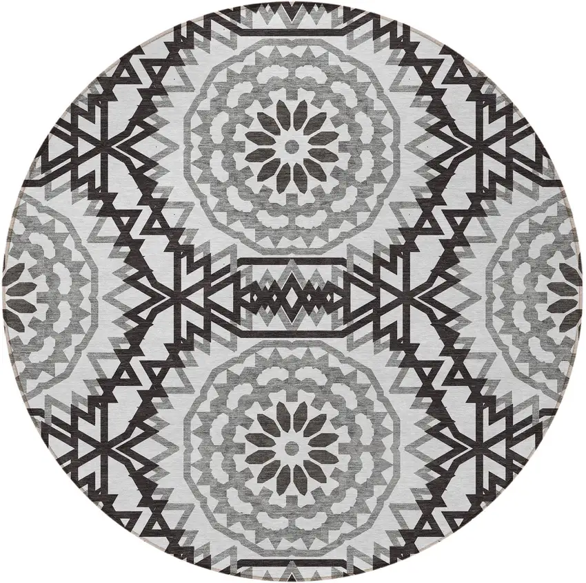 8' White Black And Gray Round Floral Medallion Washable Indoor Outdoor Area Rug Photo 4