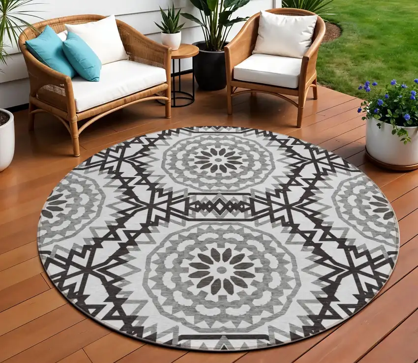 8' White Black And Gray Round Floral Medallion Washable Indoor Outdoor Area Rug Photo 1