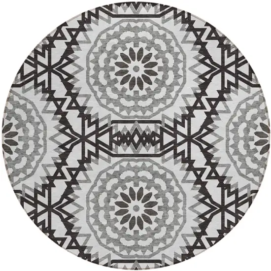 8' White Black And Gray Round Floral Medallion Washable Indoor Outdoor Area Rug Photo 2
