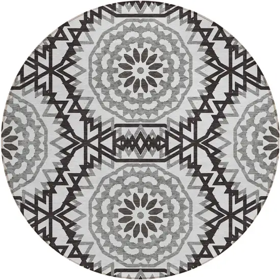8' White Black And Gray Round Floral Medallion Washable Indoor Outdoor Area Rug Photo 2