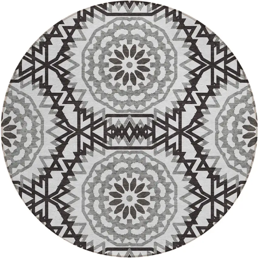 8' White Black And Gray Round Floral Medallion Washable Indoor Outdoor Area Rug Photo 2