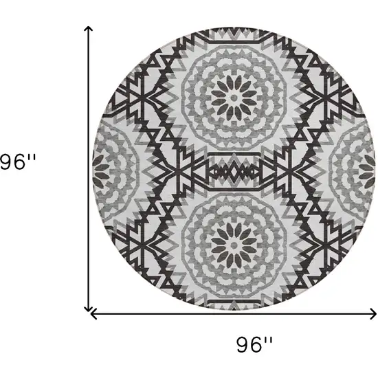 8' White Black And Gray Round Floral Medallion Washable Indoor Outdoor Area Rug Photo 3