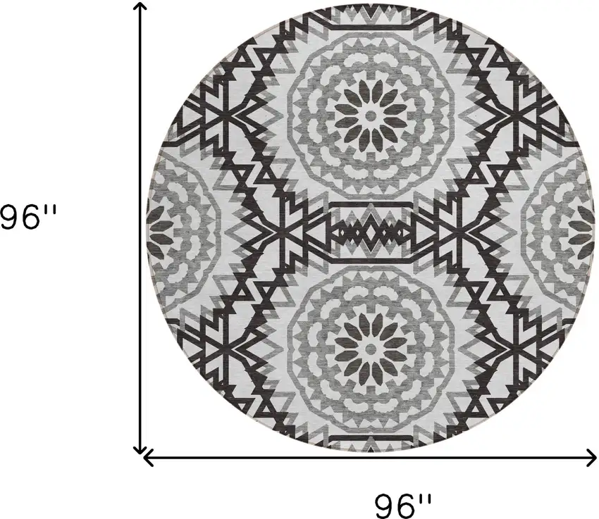 8' White Black And Gray Round Floral Medallion Washable Indoor Outdoor Area Rug Photo 3