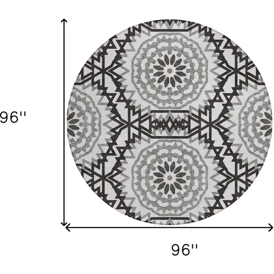 8' White Black And Gray Round Floral Medallion Washable Indoor Outdoor Area Rug Photo 3