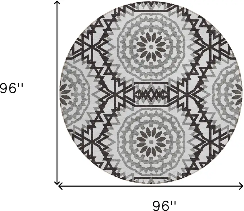 8' White Black And Gray Round Floral Medallion Washable Indoor Outdoor Area Rug Photo 3