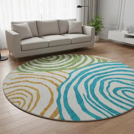 8' White Blue And Green Abstract Washable Round Rug With UV Protection Photo 2