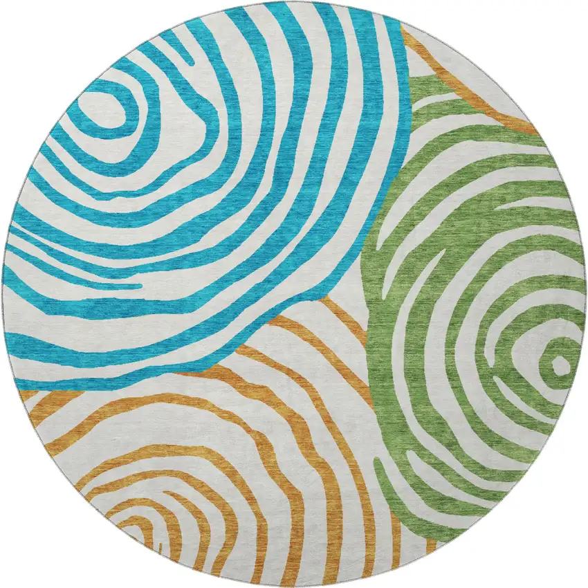 8' White Blue And Green Abstract Washable Round Rug With UV Protection Photo 4