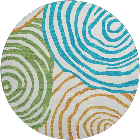 8' White Blue And Green Abstract Washable Round Rug With UV Protection Photo 1
