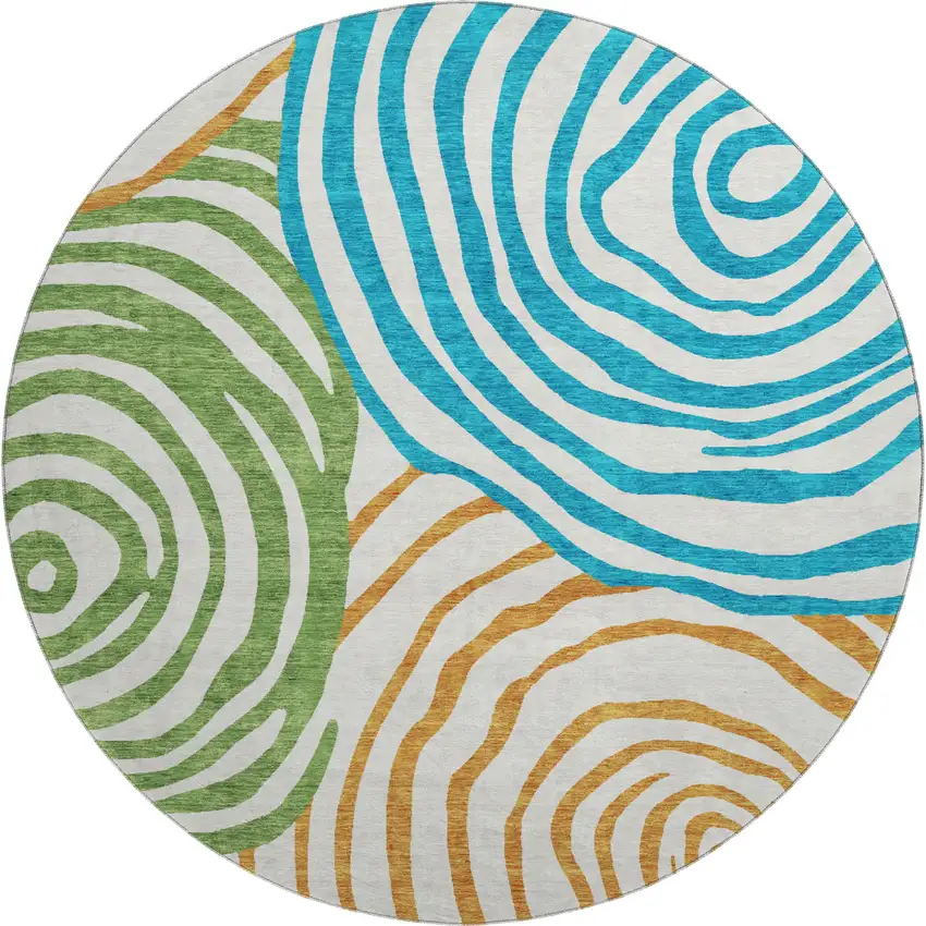 8' White Blue And Green Abstract Washable Round Rug With UV Protection Photo 1