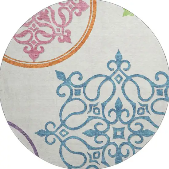 8' White Blue And Green Floral Medallion Washable Round Rug With UV Protection Photo 4