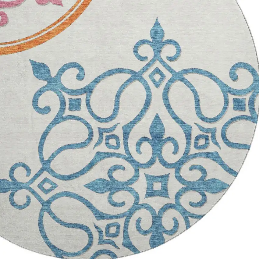 8' White Blue And Green Floral Medallion Washable Round Rug With UV Protection Photo 3