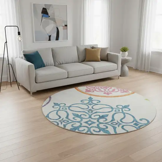 8' White Blue And Green Floral Medallion Washable Round Rug With UV Protection Photo 2