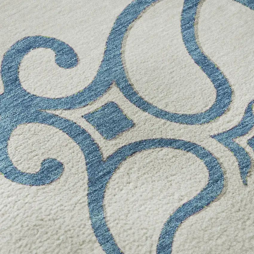 8' White Blue And Green Floral Medallion Washable Round Rug With UV Protection Photo 9