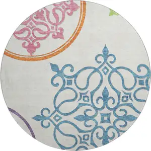 Photo of 8' White Blue And Green Floral Medallion Washable Round Rug With UV Protection