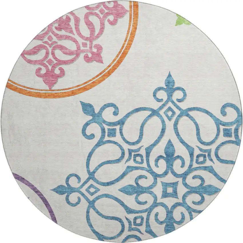 8' White Blue And Green Floral Medallion Washable Round Rug With UV Protection Photo 1