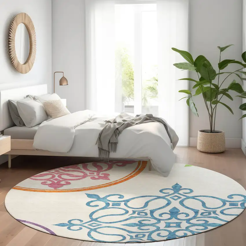 8' White Blue And Green Floral Medallion Washable Round Rug With UV Protection Photo 5