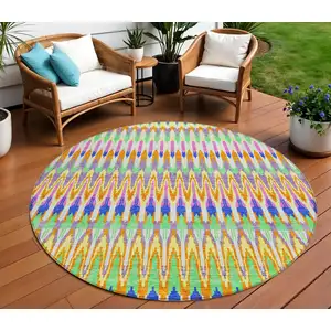 Photo of 8' White Blue And Pink Round Southwestern Washable Indoor Outdoor Area Rug