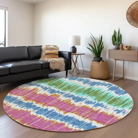 8' White Blue And Pink Round Striped Washable Indoor Outdoor Area Rug Photo 7
