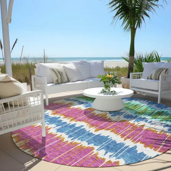 8' White Blue And Pink Round Striped Washable Indoor Outdoor Area Rug Photo 6