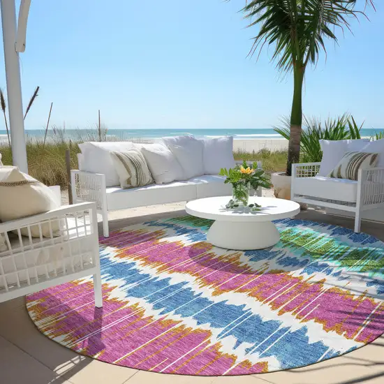8' White Blue And Pink Round Striped Washable Indoor Outdoor Area Rug Photo 6