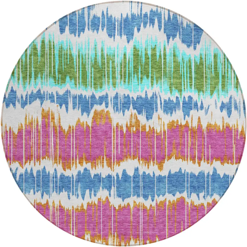 8' White Blue And Pink Round Striped Washable Indoor Outdoor Area Rug Photo 1